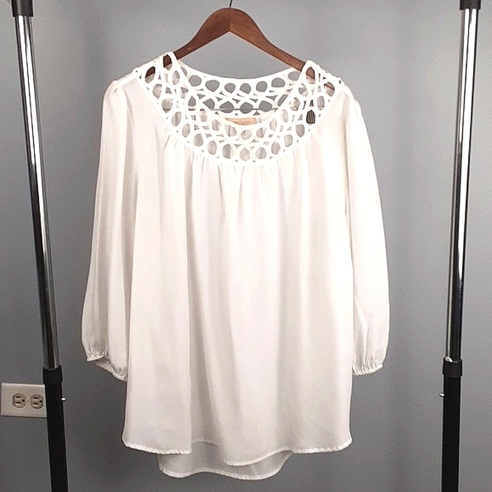 Gibson Latimer Lace Cut Out Balloon Sleeve Loose Fit Top